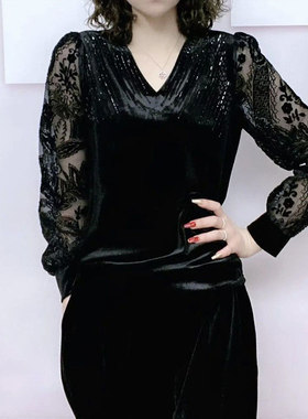 长袖洋气金丝绒女减龄气质妈妈装