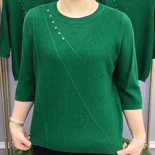 百搭圆领七分袖 中年妈妈装 针织衫 新款 宽松遮肚上衣 女2023春季 时尚