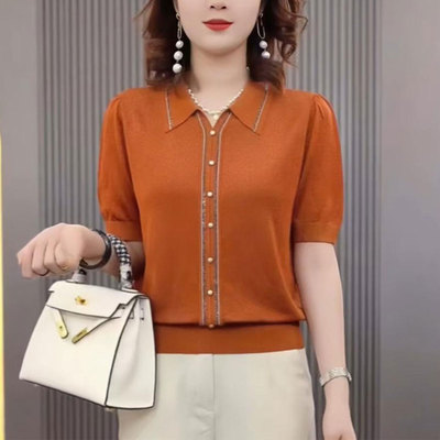 洋气百搭翻领烫钻针织衫短袖女装