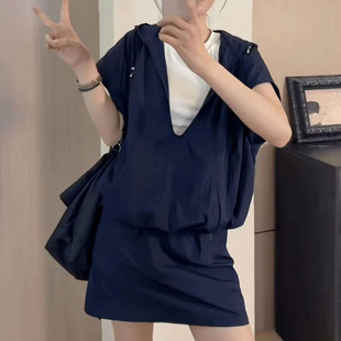 时尚休闲连帽套装裙女2025夏季新款宽松遮肉衬衫上衣+短裙两件套
