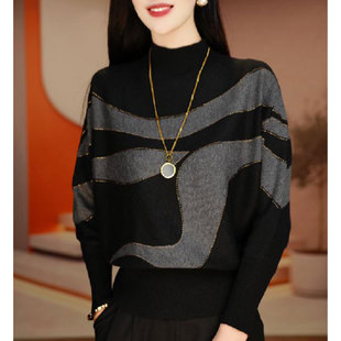 新款 时尚 女2025冬季 针织衫 宽松显瘦洋气妈妈上衣 百搭拼色烫钻长袖