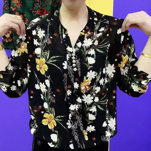 2023夏季 洋气显瘦女装 新款 t恤中老年妈妈装 雪纺衫 高档碎花七分袖