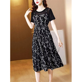 大码 碎花拼接假两件拍吊带圆领2023夏季 连衣裙中长款 短袖 女士 新款