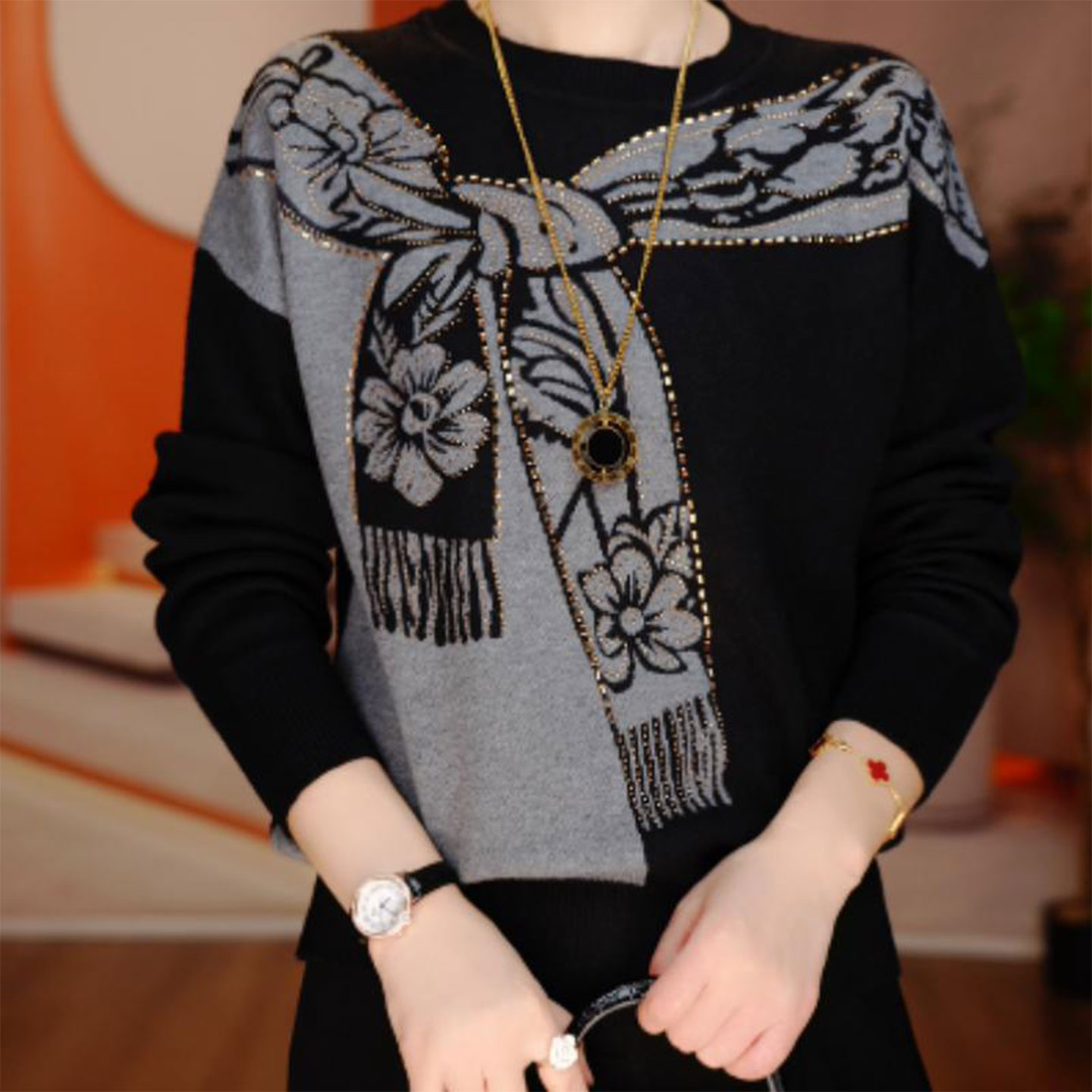 时尚气质拼色提花长袖针织衫女士