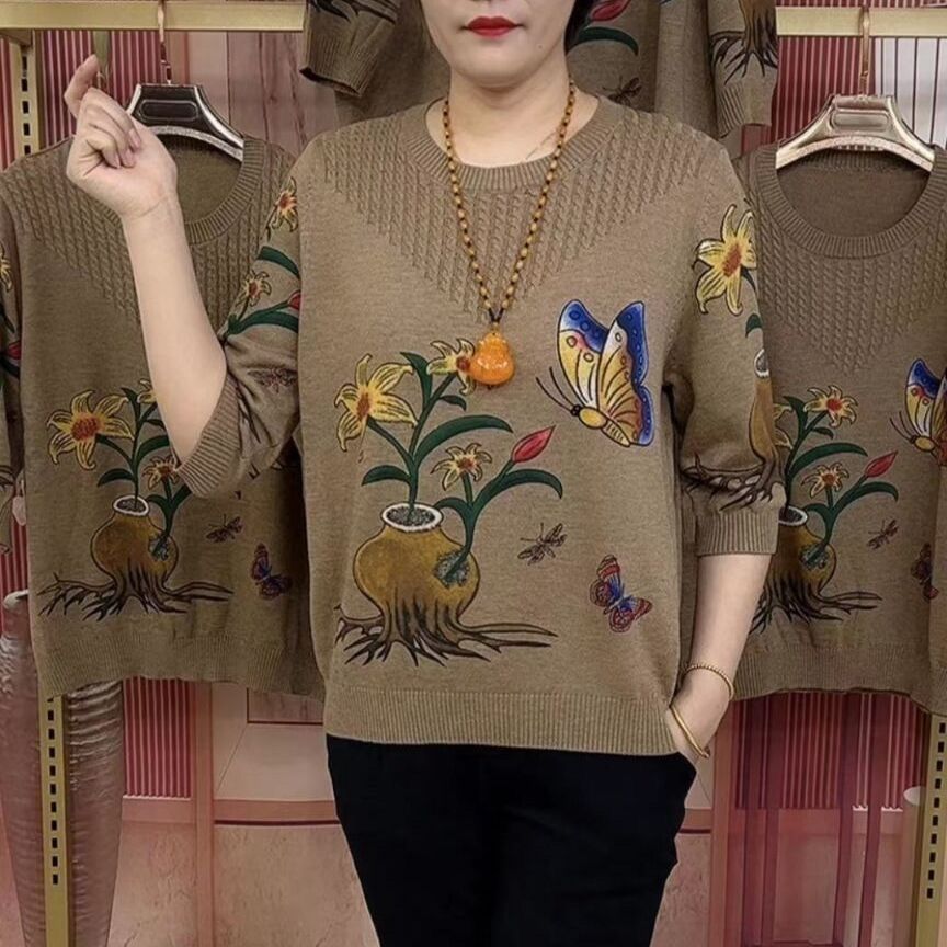 圆领设计感花色印花2023夏季新款七分袖针织衫宽松遮肚显瘦女上衣