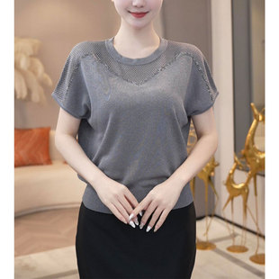 新款 2025夏季 宽松显瘦洋气上衣女 针织衫 轻奢高级灰色圆领镂空短袖