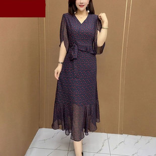 中年妈妈装网纱碎花连衣裙女2025夏季新款气质收腰显瘦洋气中长裙