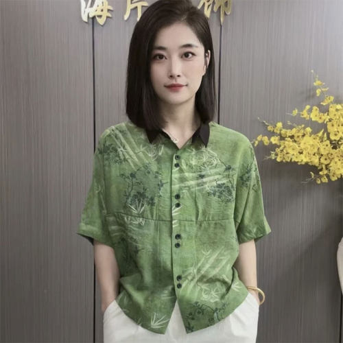 宽松时尚短袖印花衬衫休闲妈妈装