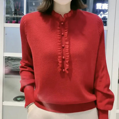 针织衫圆领纯色打底衫妈妈装长袖