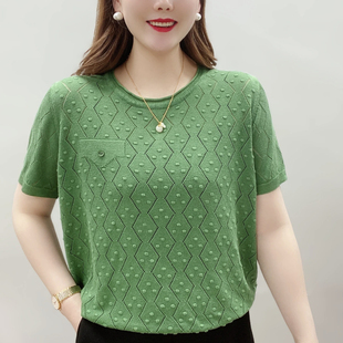 女装 针织衫 2023夏季 新款 宽松显瘦上衣 百搭薄款 妈妈装 镂空圆领短袖