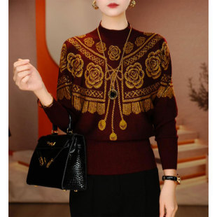 宽松显瘦洋气长袖 时尚 新款 女2025冬季 上衣 高端气质提花烫钻针织衫