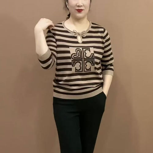 七分袖百搭条纹圆领打底衫妈妈装