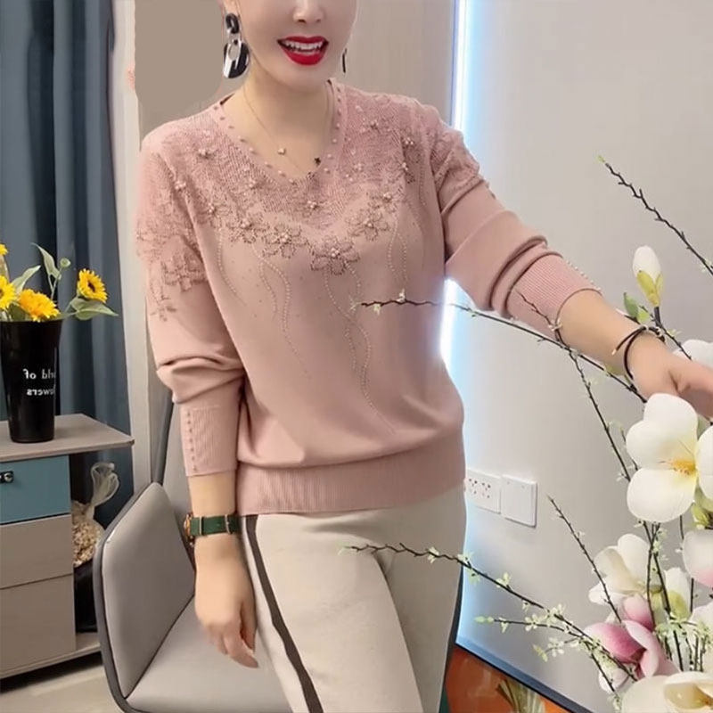 针织衫V领烫钻打底衫长袖宽松女