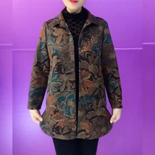 洋气中长款花色外套长袖妈妈装女