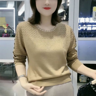 2023秋季 打底衫 新款 宽松时尚 女 高档圆领长袖 洋气烫钻针织衫 妈妈装