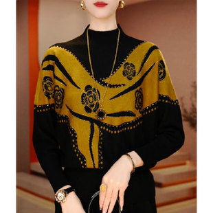 宽松显瘦气质妈妈长袖 新款 毛衣 女2025冬季 高端洋气提花烫钻针织衫