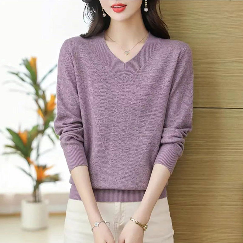针织衫V领提花打底衫长袖纯色女