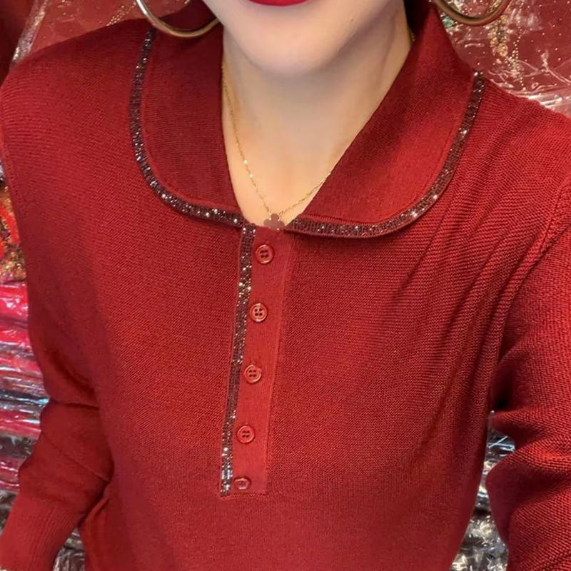 时尚烫钻翻领中年妈妈针织衫女装