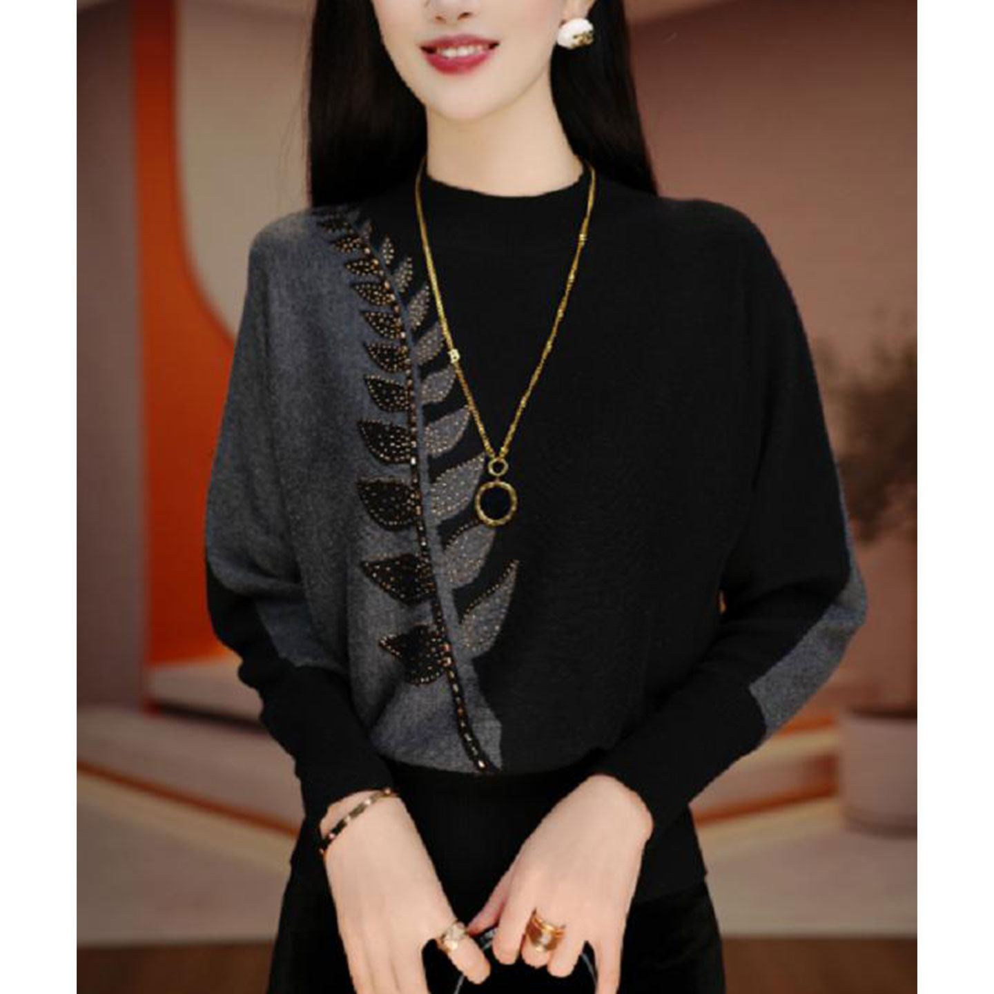 妈妈洋气拼色烫钻针织衫上衣女士