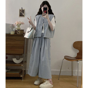 韩系慵懒风夏季新款套装女2026时尚大码宽松休闲马甲阔腿裤两件套
