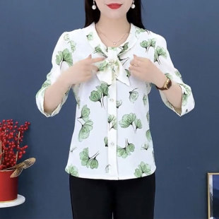 印花雪纺衬衫女2023早秋新款宽松洋气减龄蝴蝶结妈妈装七分袖上衣