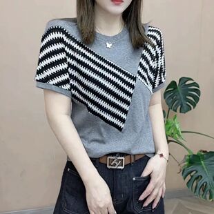 百搭显瘦洋气短袖 时尚 新款 2024夏季 圆领上衣 纯棉拼接条纹t恤女装