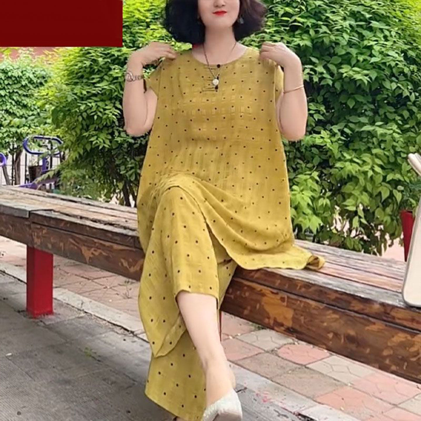 中年妈妈休闲时尚套装女夏季新款宽松短袖中长款上衣阔腿裤两件套