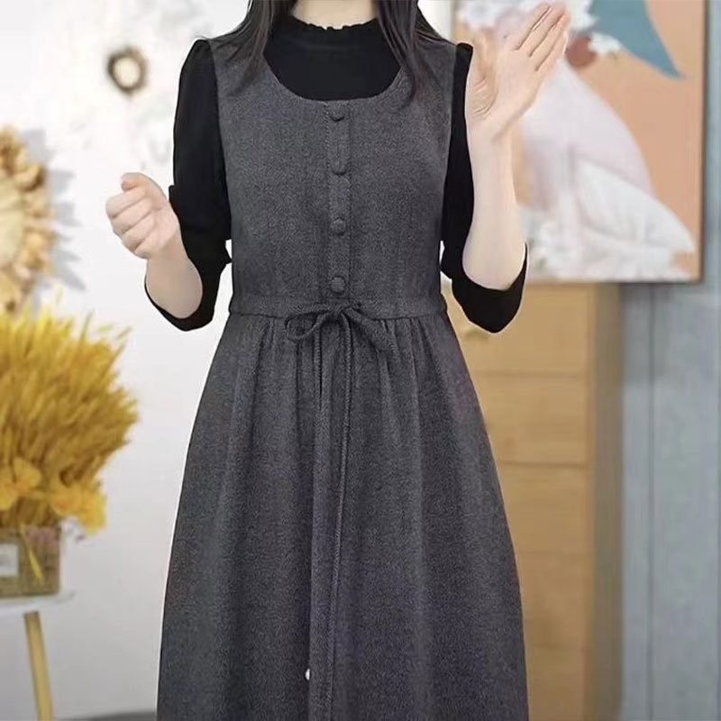 洋气拼色假两件长袖连衣裙妈妈装