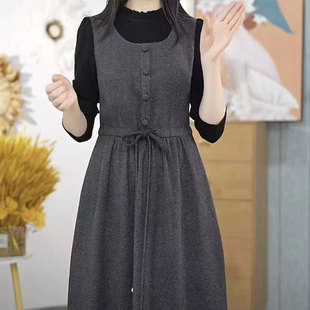 收腰显瘦减龄中长打底裙 新款 时尚 洋气背心假两件连衣裙女2024秋季