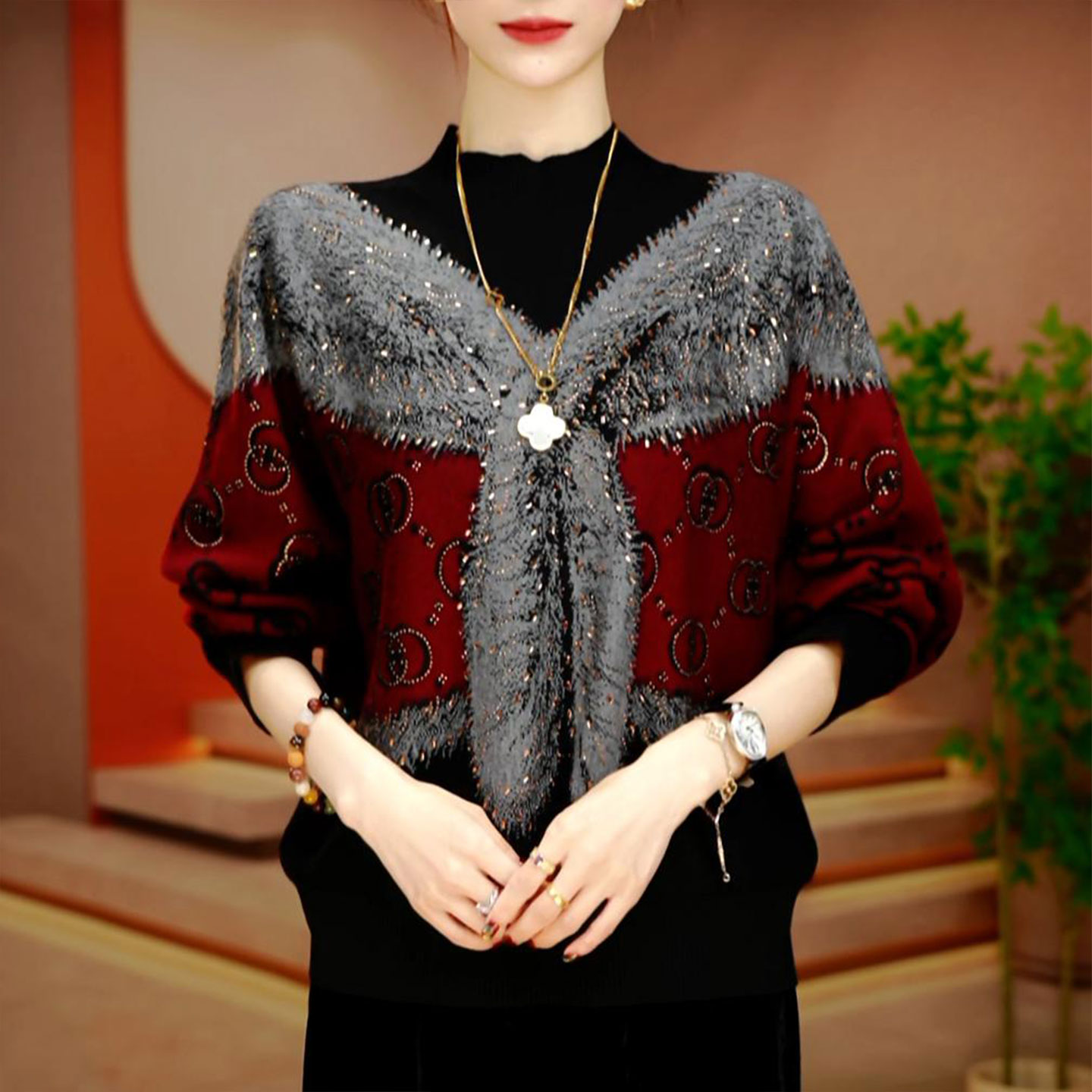 时尚高端提花烫钻针织衫妈妈女装