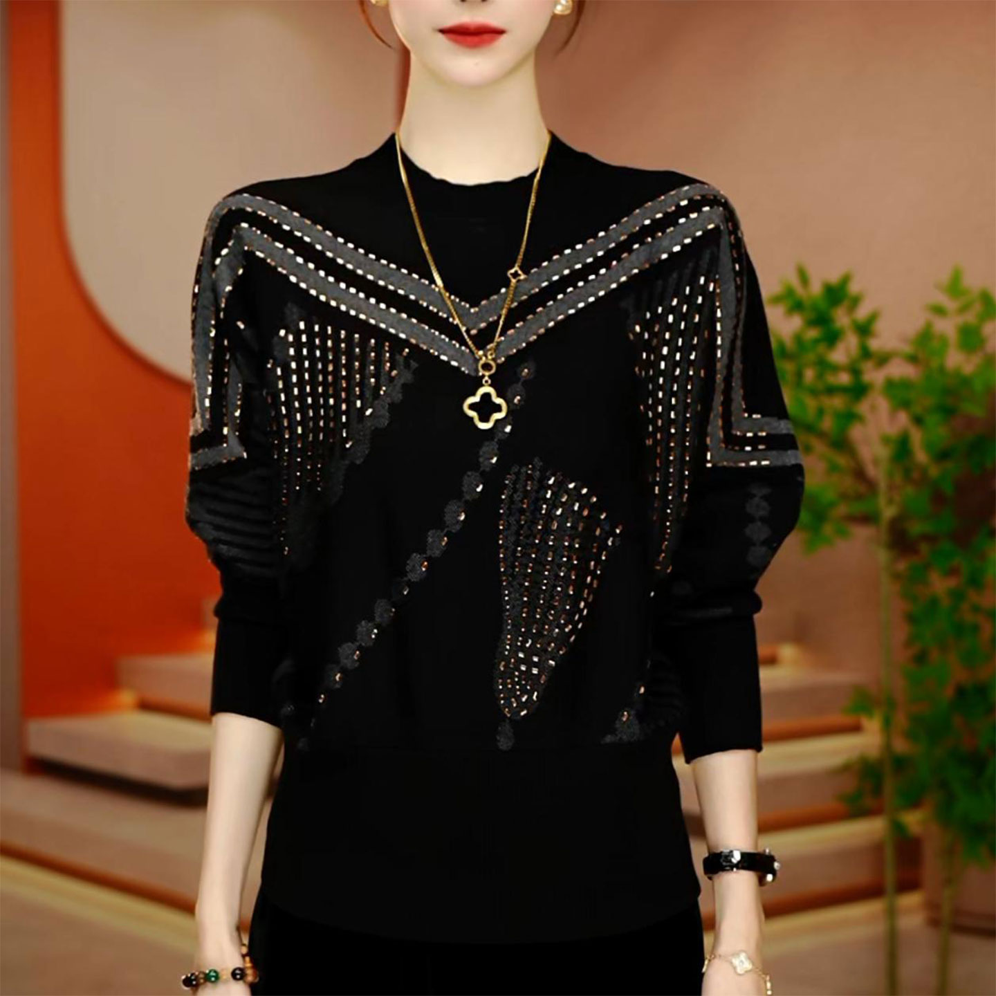 高档气质烫钻长袖针织打底衫女士