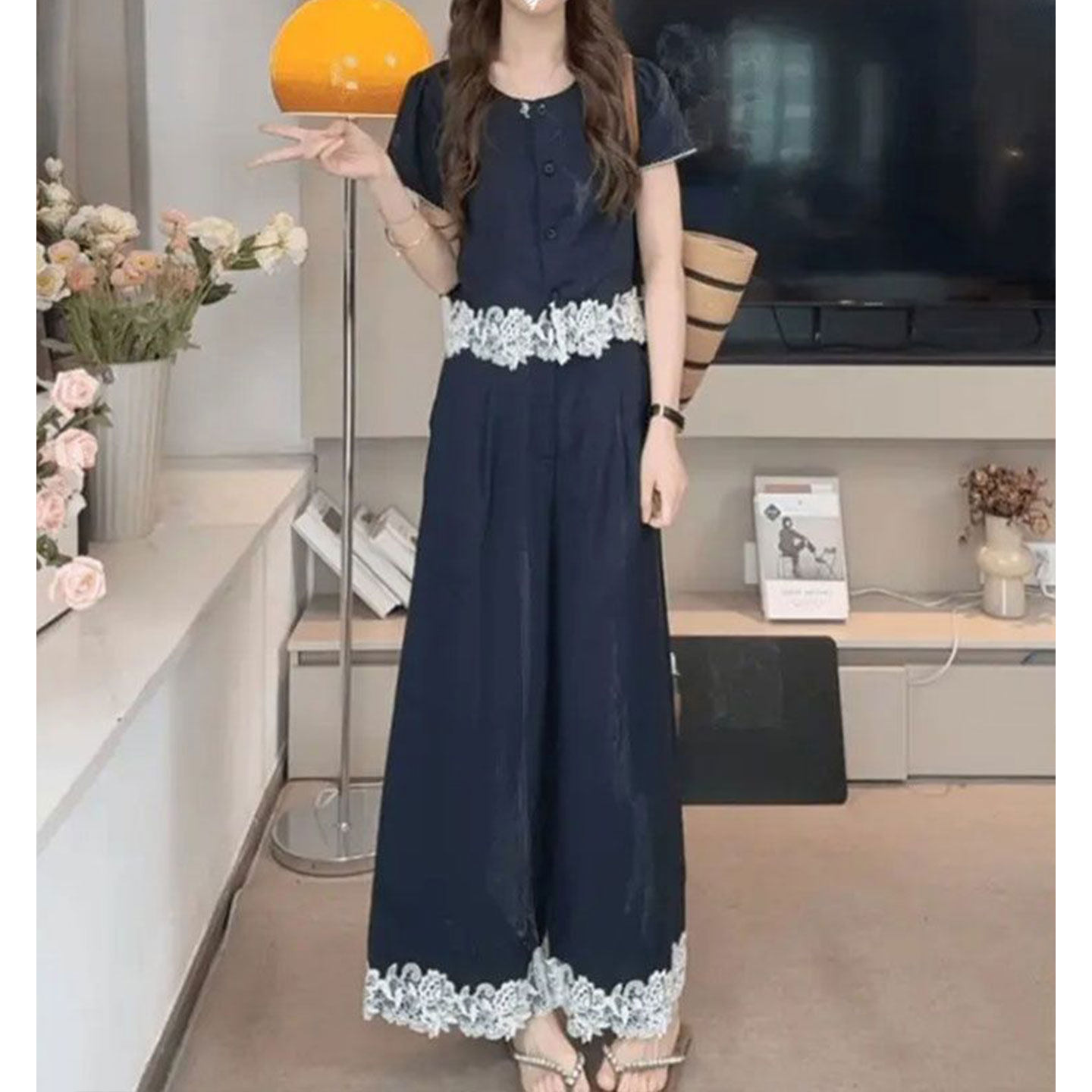 2025夏季新款时尚减龄拼接蕾丝套装女洋气短袖上衣+阔腿裤两件套,女装/女士精品,时尚套装,淘宝优惠券,粉丝福利购,淘宝优惠卷