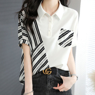 宽松显瘦百搭气质衬衫 时尚 新款 衬衣女士2023夏季 休闲条纹拼接短袖