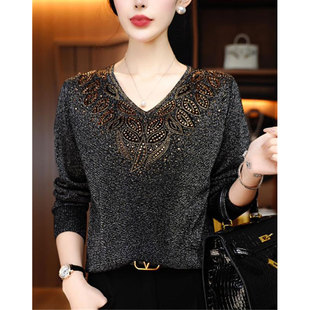 宽松显瘦百搭长袖 新款 妈妈上衣 女2025春季 高端气质V领烫钻针织衫