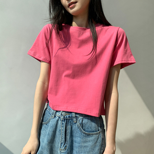 棉质短袖t恤女短款砖红色短装上衣纯色高腰内搭露脐打底体恤夏季