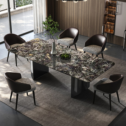 铂金钻奢石天然大理石长方形餐桌