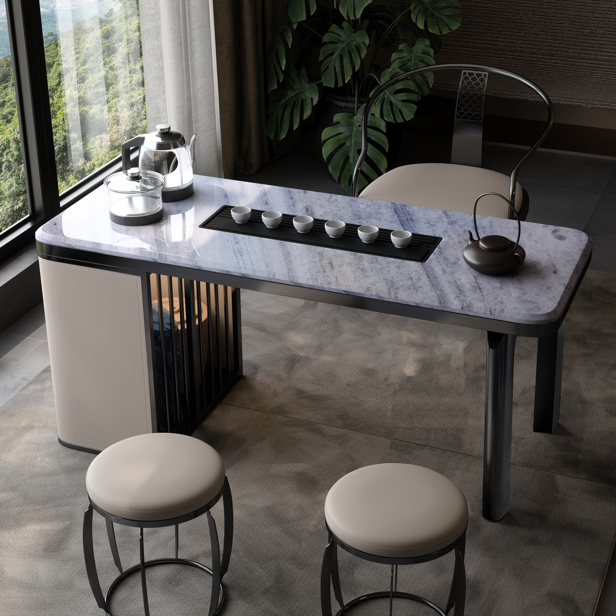 天然蓝水晶奢石茶桌现代简约书房办公泡茶一体轻奢大理石茶台