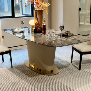 天然威尼斯棕奢石餐桌椭圆形金属脚现代极简轻奢风高端餐桌椅组合