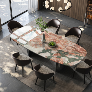 天然四季 极简风轻奢高级感别墅家用餐厅长方形餐桌 绿奢石餐桌意式