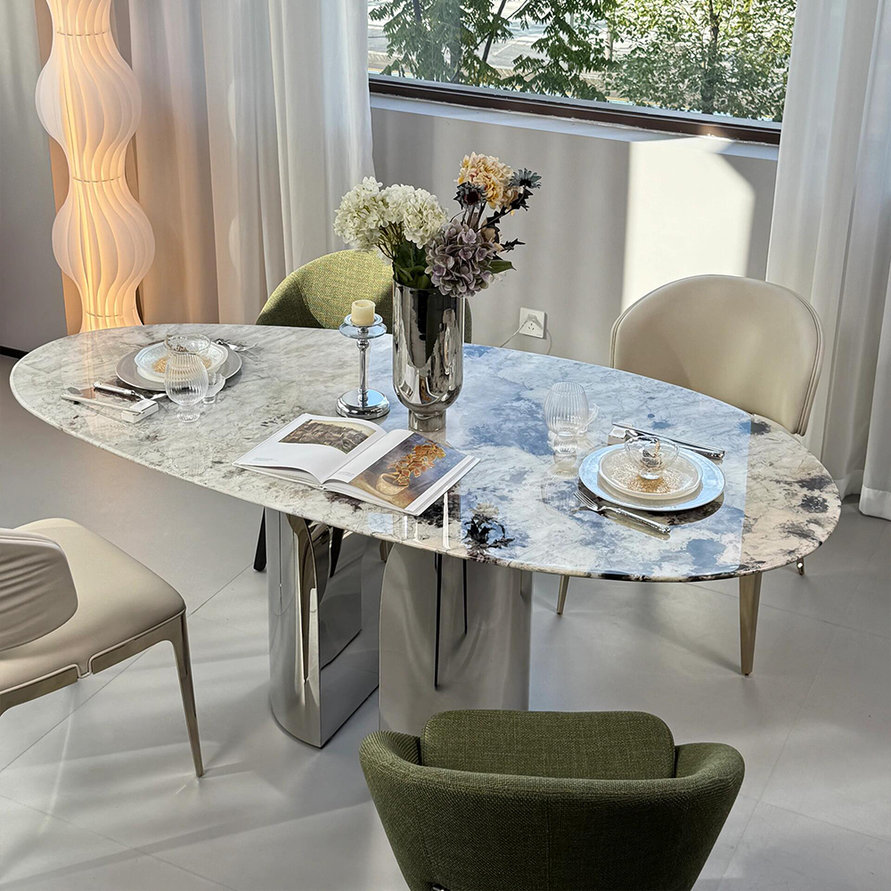 天然雪山兰奢石餐桌意式轻奢水滴形餐桌别墅高端家用大理石桌子