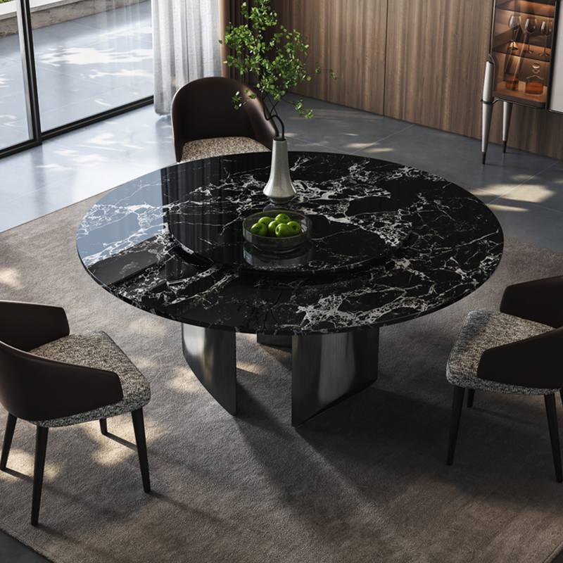 意式轻奢带转盘黑玫瑰奢石餐桌