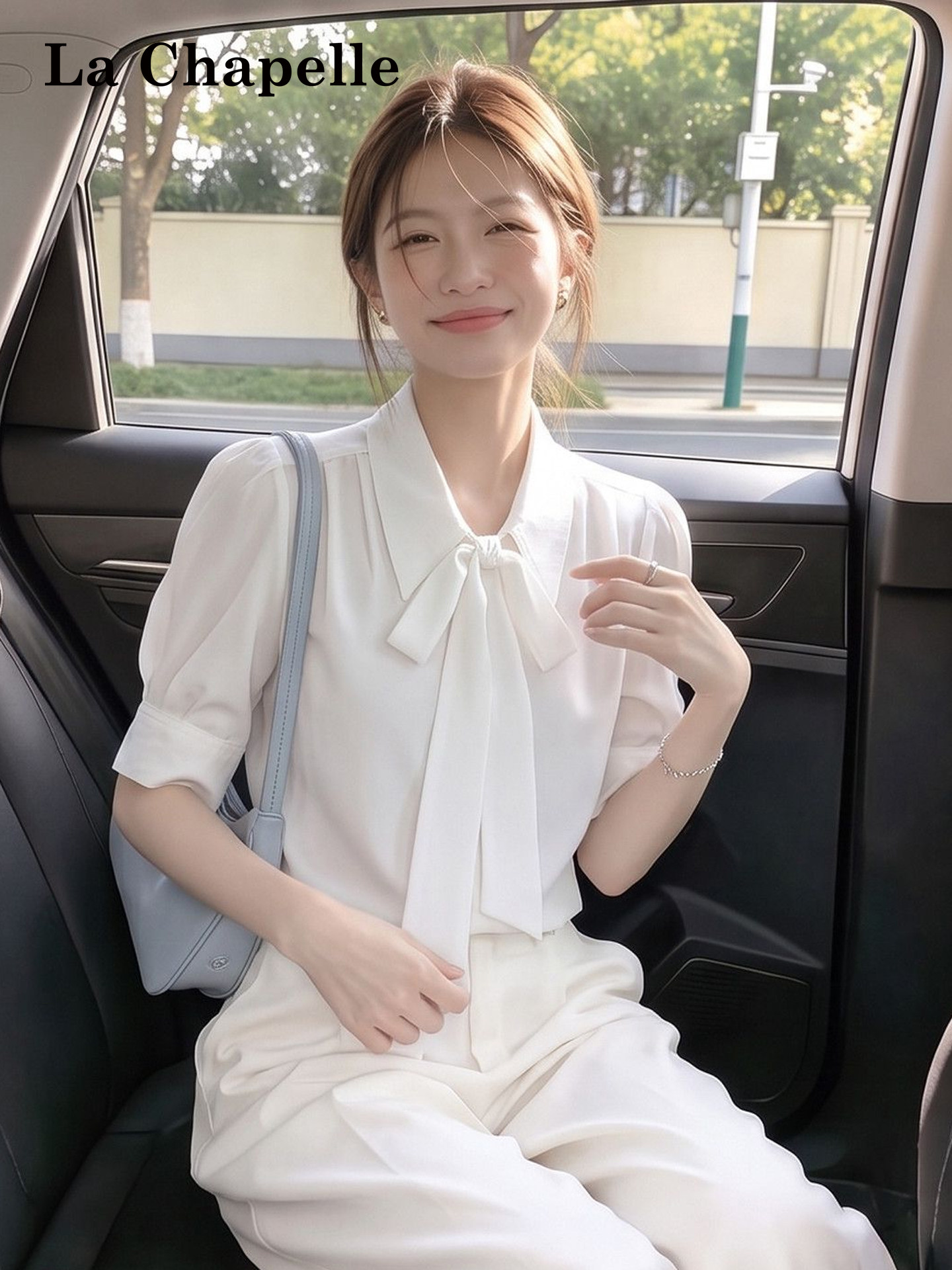 拉夏贝尔法式系带polo领衬衫女装夏新款商务通勤职业面试缎面上衣