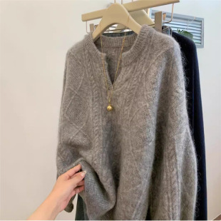 上衣 毛衣女秋冬加厚慵懒风软糯文艺针织衫 韩版 麻花v领针织套头衫