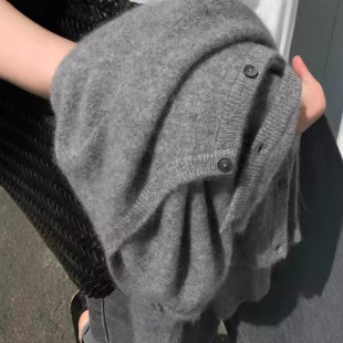 显瘦打底衫 百搭短款 女圆领针织毛衣外套秋冬韩版 灰色浣熊绒开衫