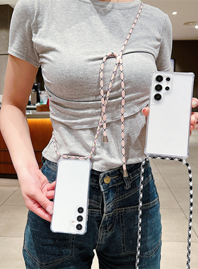 透明硬壳斜跨保护套适用三星S24 Ultra可背挂绳Samsung S20FE挂脖A55出差登山旅行A13防丢手机壳A52S防摔A24