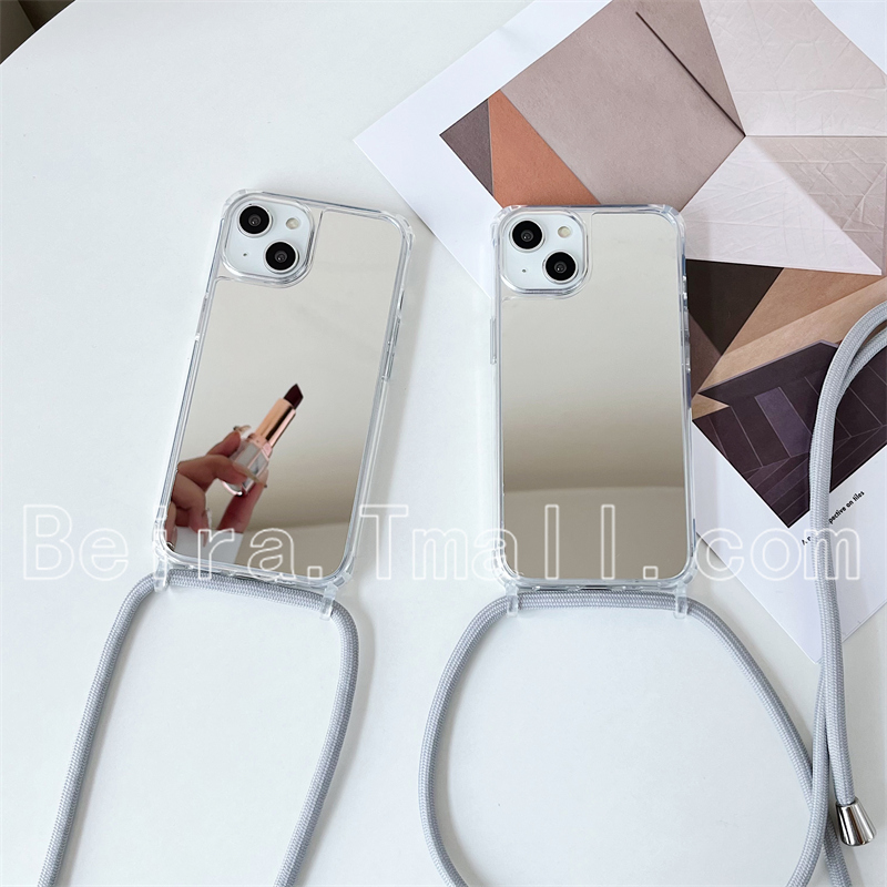 女生补妆镜面挂绳手机壳适用iPhone15promax亚克力14硬壳苹果13斜跨挂脖12侧背11保护套xs简约xr个性7/8plus-封面