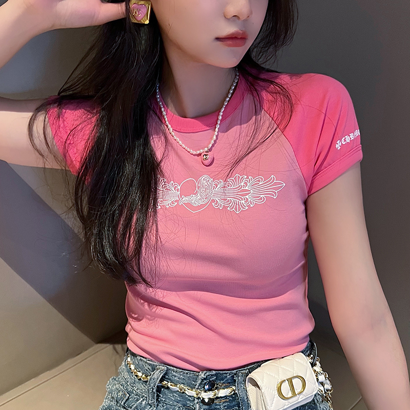 thumbnail for Slim T-shirt women's summer 2024 new color contrast Sanskrit print cotton short sleeve base shirt pink crop top