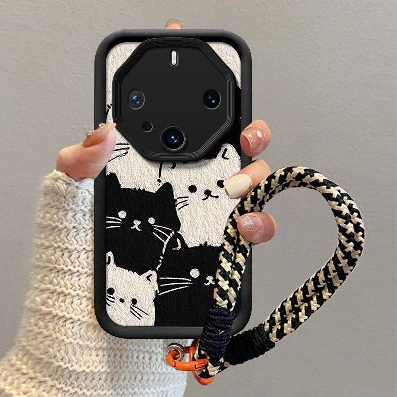 适用于华为mate60rs非凡大师手机壳新款高级感黑白猫咪可爱女款手提挂绳镜头全包防摔70pro保护套小羊皮硅胶