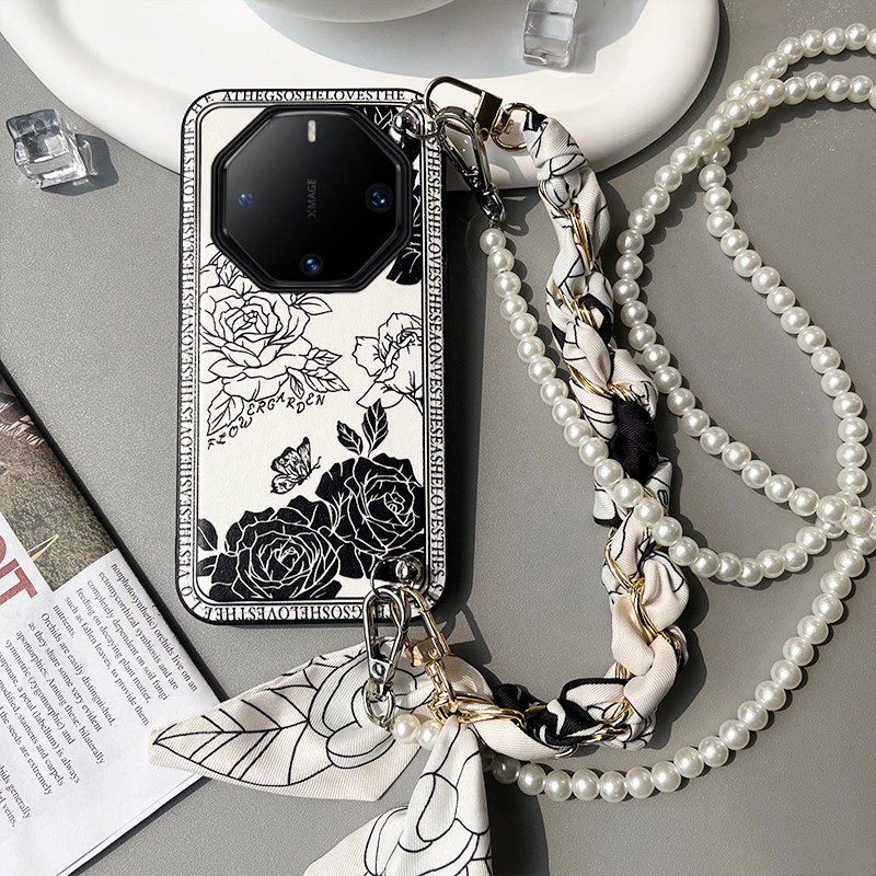 适用于华为mate60rs非凡大师手机壳女款山茶花手提丝巾斜挎珍珠挂绳50保时捷保护套全包防摔真皮40创意奢华新