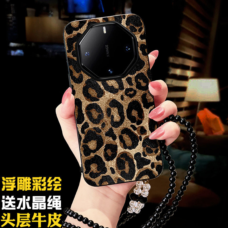 适用华为mate60rs非凡大师手机壳女款网红奢华高级感复古豹纹挂绳50rs保时捷保护套全包高档真皮硅胶创意潮